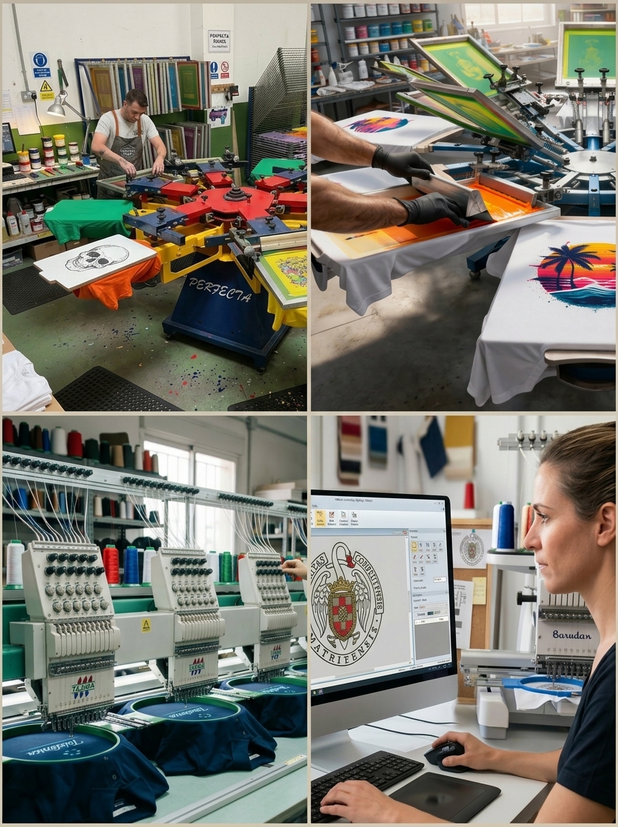 foto descriptiva de las diferentes técnicas de personalización incluyendo el bordado y la serigrafía entre otras